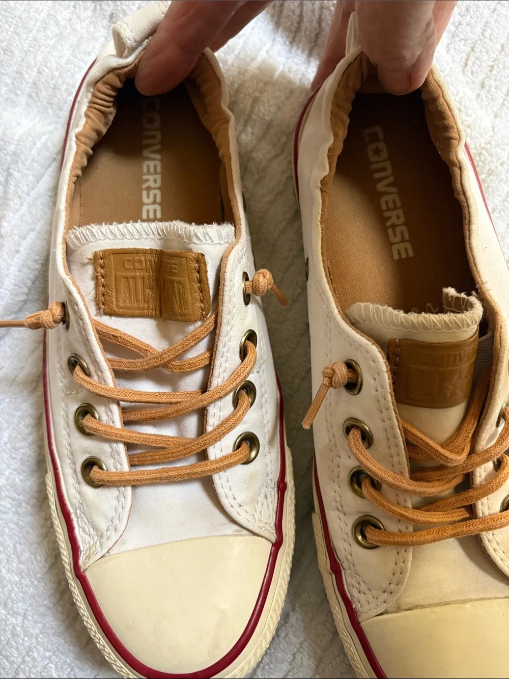 Converse Low-Top Canvas Sneakers in Cream with Tan Laces and Red Trim